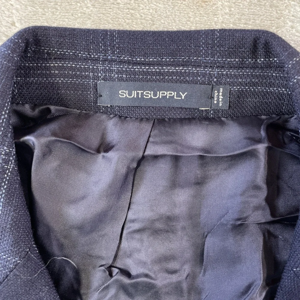 Suitsupply Blazer Sport Coat Mens 46R Navy Blue Windowpane Wool Stretch Office